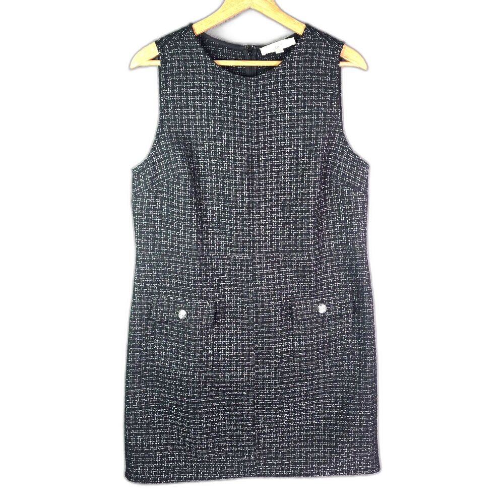 LOFT Womens Sheath Dress 12 Black White Tweed Sleeveless Flap Pockets